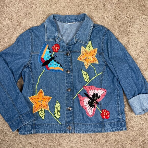 Jackets & Blazers - Denim Jacket Womens XL Blue Denim Butterfly Embroidered Art to Wear Artsy Fairy